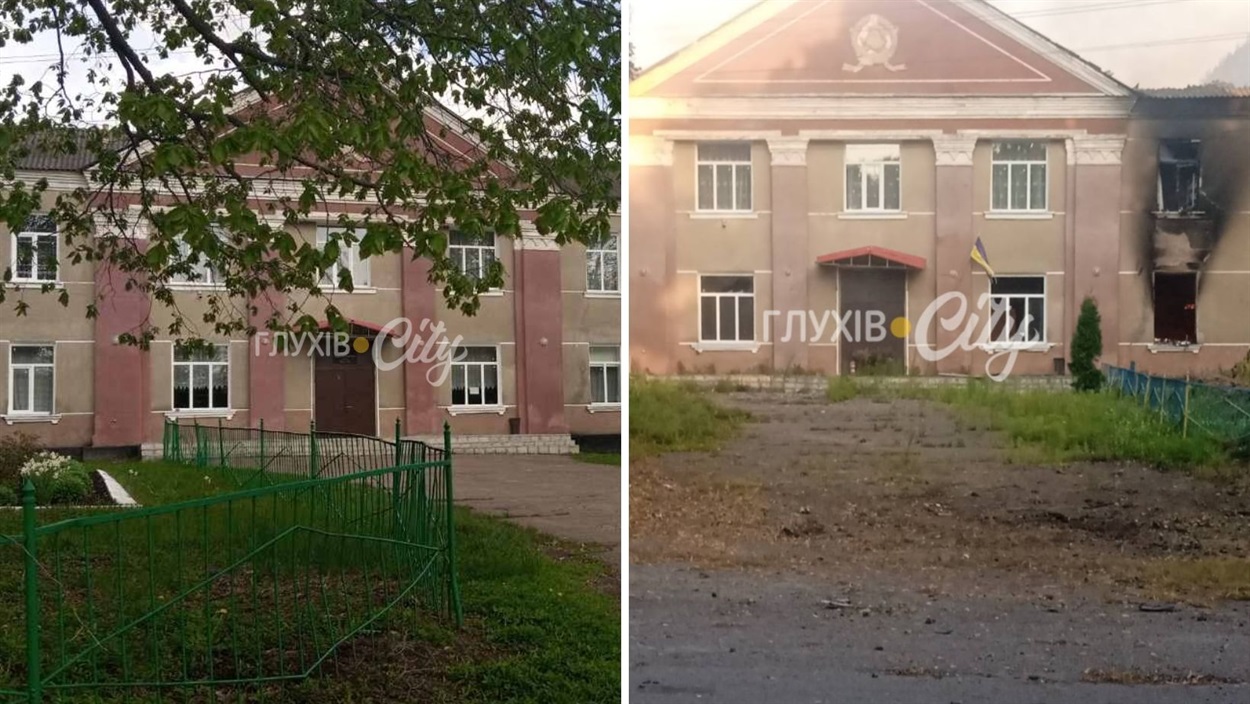 Фото будинку культури до та після руйнувань через обстріли росіян