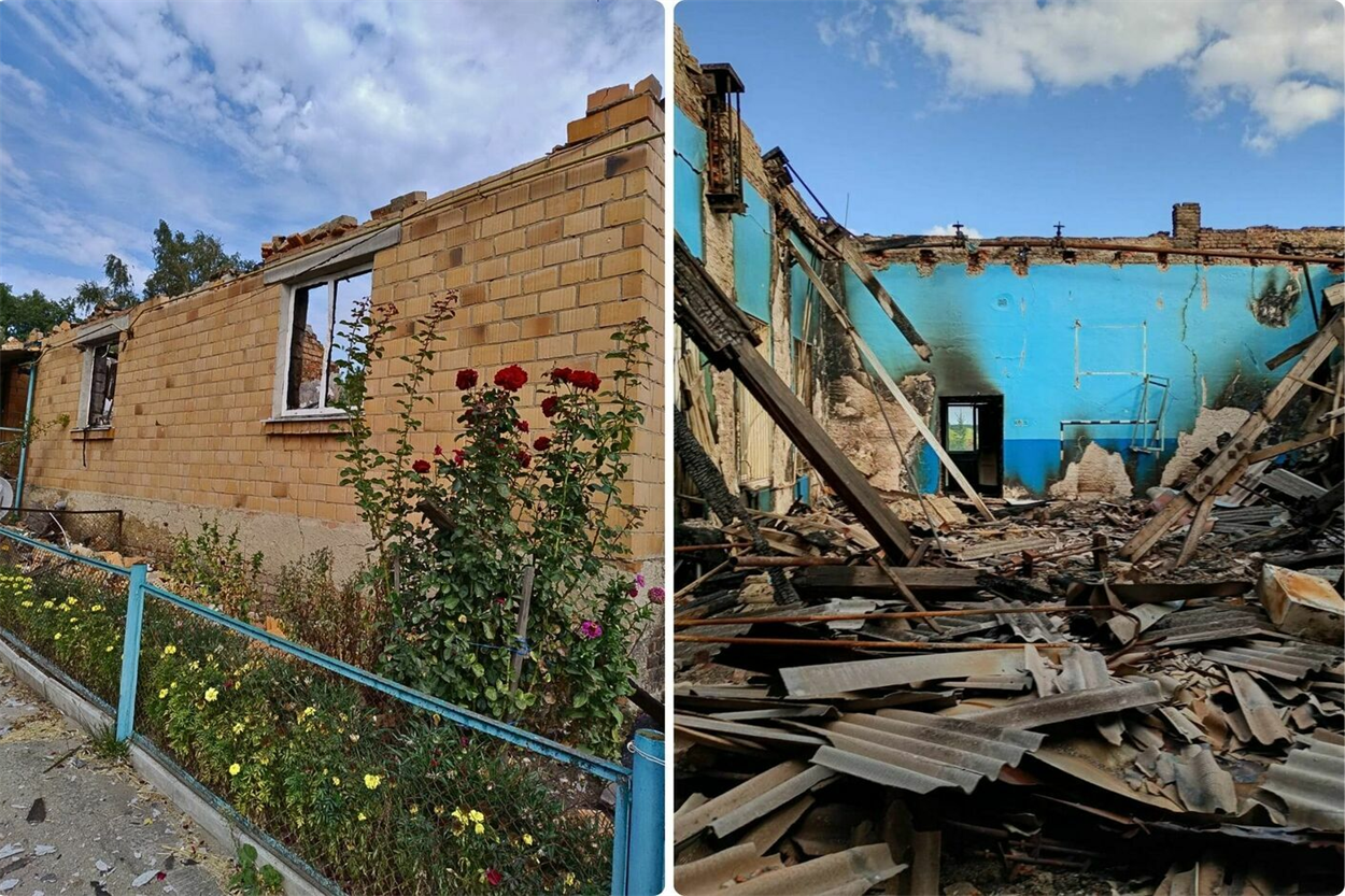 Так виглядає одна зі шкіл Шалигинської громади (фото зліва). Знищений приватний будинок у Шалигиному (фото справа)