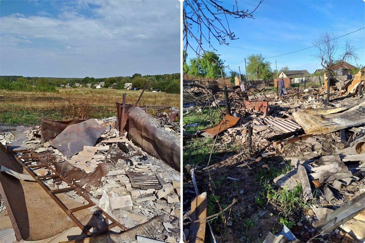 Залишки водонапірної вежі у Шалигиному (фото зліва). Фото 10. Так виглядають усі прикордонні села Шалигинської громади (фото справа)