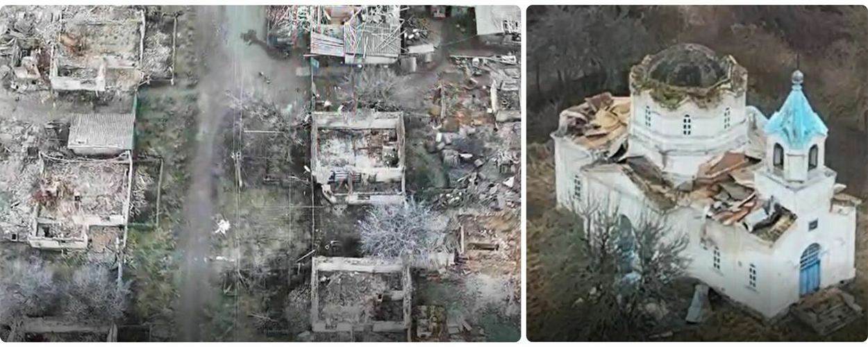 Знищені будинки мешканців Шалигинської громади (фото зліва). Зруйнований росіянами храм у селі Старикове (фото справа)